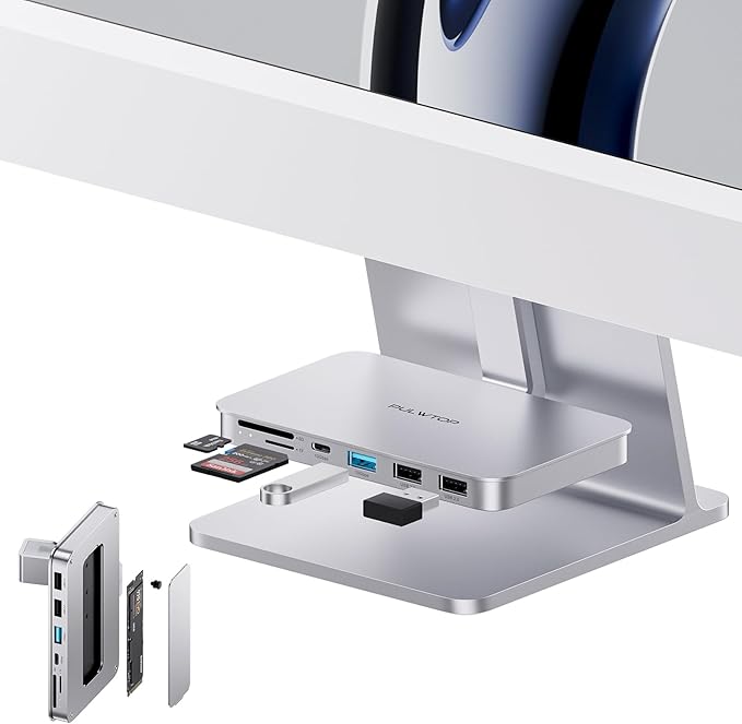 iMac Accessories for iMac24 inch 2021/2023/2024 PULWTOP iMac Hub with M.2 NVMe SSD Enclosure i-Mac USB C Hub USB A/C 10Gbps SD/TF i-Mac USB Adapter for iMac24 M1/M3/M4 or Studio Display 27 inch