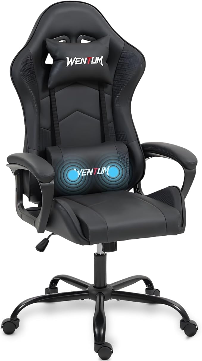 Ergonomic Massage Gaming Chair — High-Back Reclining Office Chair with Lumbar Support for Adults Height Adjustable PU Leather Black
