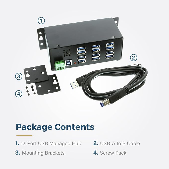 Coolgear Industrial 12-Port USB 3.2 Gen 1 Hub with Status LEDs | Rugged Metal Chassis | 5Gbps Data | Wall &amp DIN-Rail Mounting