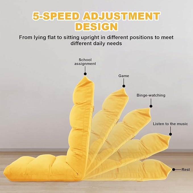 Folding Floor Chair 5-Position Cushioned Adjustable Lazy Sofa Foldable Floor Lounger for Adults Kids Gaming Reading Meditating (Yellow)