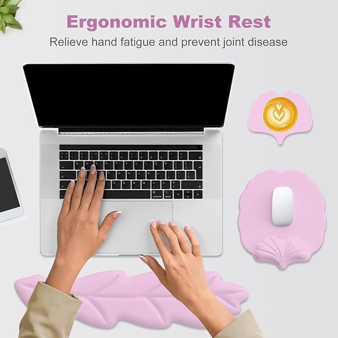 Keyboard Wrist Rest and Mouse Pad with Wrist Support Set Ergonomic Leaf Shape Mouse Pad with Non-Slip Base Pain Relief Memory Foam Mousepad for ComputerLaptopHome Office Pink