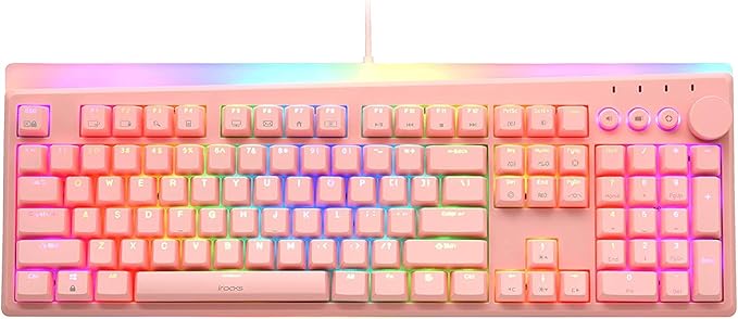 i-rocks K71M RGB Mechanical Gaming Keyboard with Media Control Knob Switches (Blue) 107 Keys w/Full NKRO PBT Keycaps Multimedia Hotkeys Detachable USB-C Cable and Onboard Storage Pink