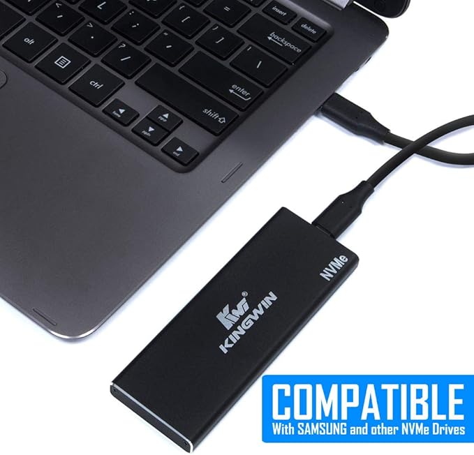 Kingwin M.2 SSD NVMe External Enclosure 10Gbps USB 3.1 Gen 2 M-Key to USB C Solid State Drive Adapter PCIe USB 3.0 USB C Cables Fit Size 2230/2242/2260/2280 Aluminum KM-U3NGFF-NVE