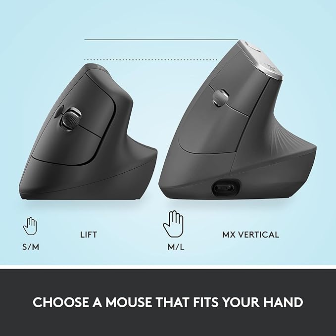 Logitech Lift Vertical Ergonomic Mouse Wireless Bluetooth or Logi Bolt USB Receiver Quiet clicks 4 Buttons Compatible with Windows/macOS/iPadOS Laptop PC - Graphite