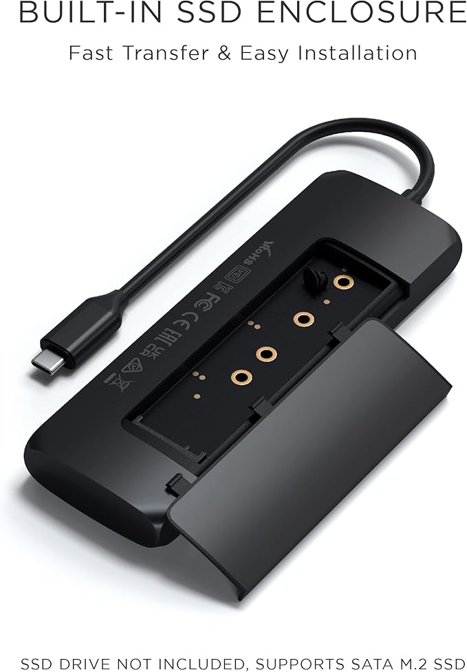 Satechi USB C Hub Multiport Adapter with M.2 SATA SSD Enclosure 4K HDMI 100W USB C PD Charging 2 USB-A Data Ports for MacBook &amp Windows - Black