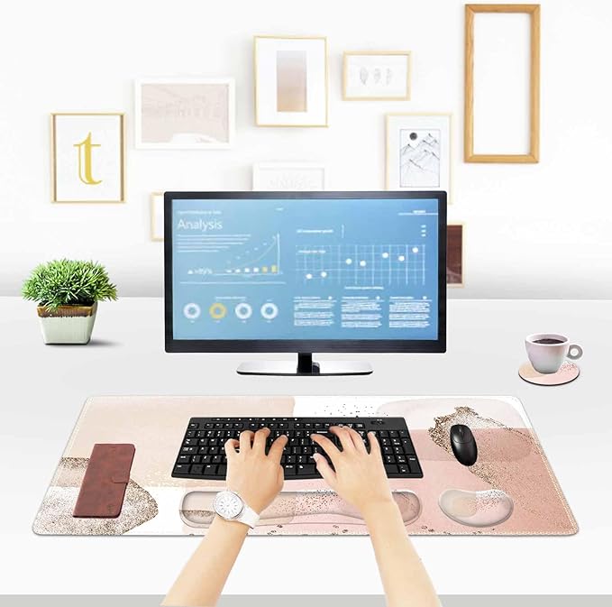 ToLuLu Extended Gaming Mouse Pad Memory Foam Ergonomic Keyboard Mouse Wrist Rest Support Set Large Desk Mat with Stitched Edges Non-Slip Base Mousepad for Home Office Game Study Pink Gold