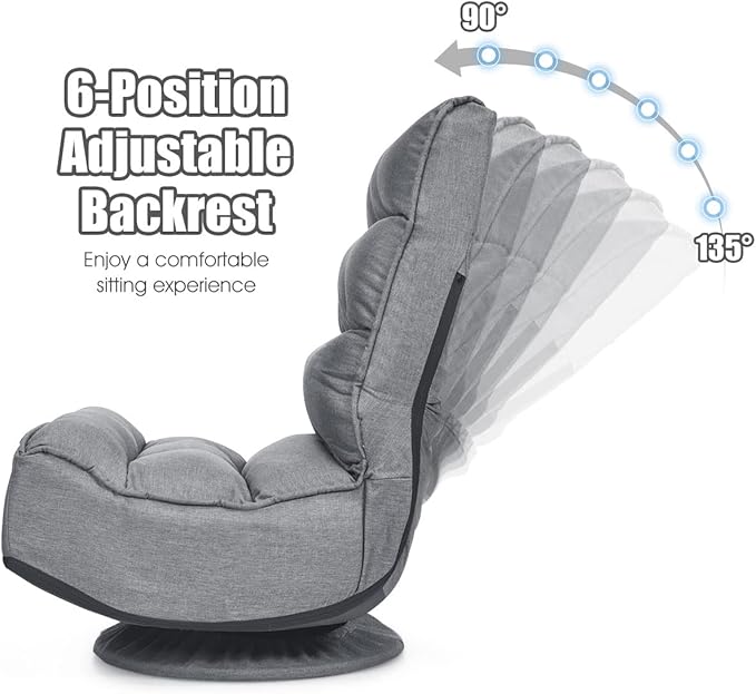Giantex 360 Degree Swivel Floor Chair Folding Floor Gaming Chair with 6 Positions Adjustable Lazy Sofa Lounge Chair w/Tufted Back Support Video Gaming Chair for Reading TV Watching (Gray)