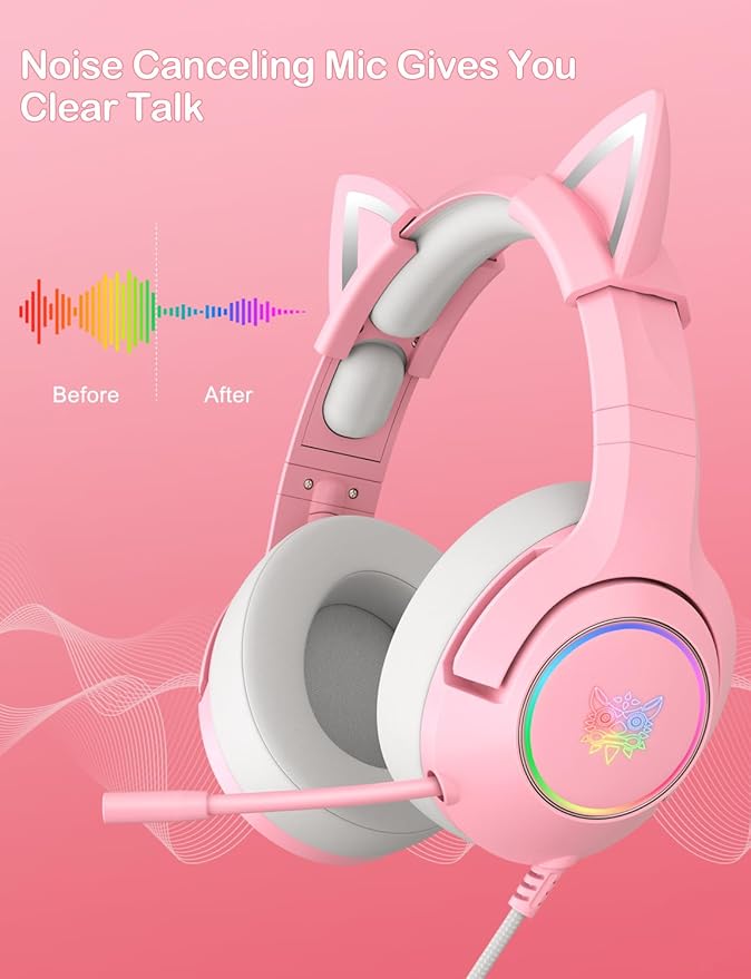 Cat Ear Gaming Cute Headset Wired Over-Ear Headphones with Retractable Microphone Surround Sound LED Backlight for PS4 PS5 PC Mobile Phone (Light Pink)