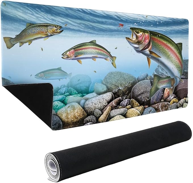 Trout Fishing Large Gaming Mouse Pad Desk Mat with Stitched Edges Non-Slip Base for Gamer Home and Office 31.5 x 15.7