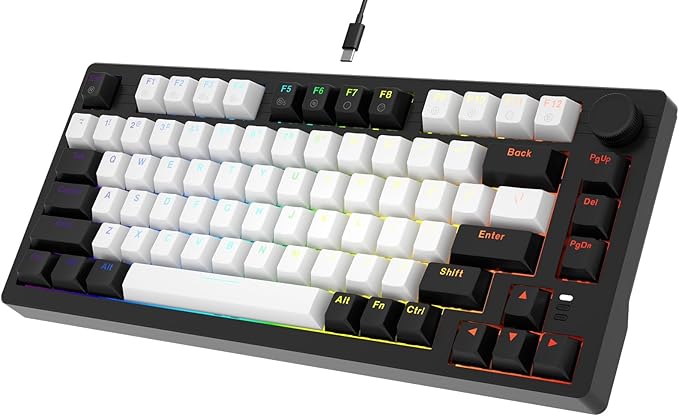 DAREU EK75 Wired Mechanical Keyboard75% Keyboard with Volume KnobGasket Mount Mechanical Gaming Keyboards81 Keys Rainbow BacklitPBT KeycapsLinear Dream Switch for PC Laptop Windows(Black-White)