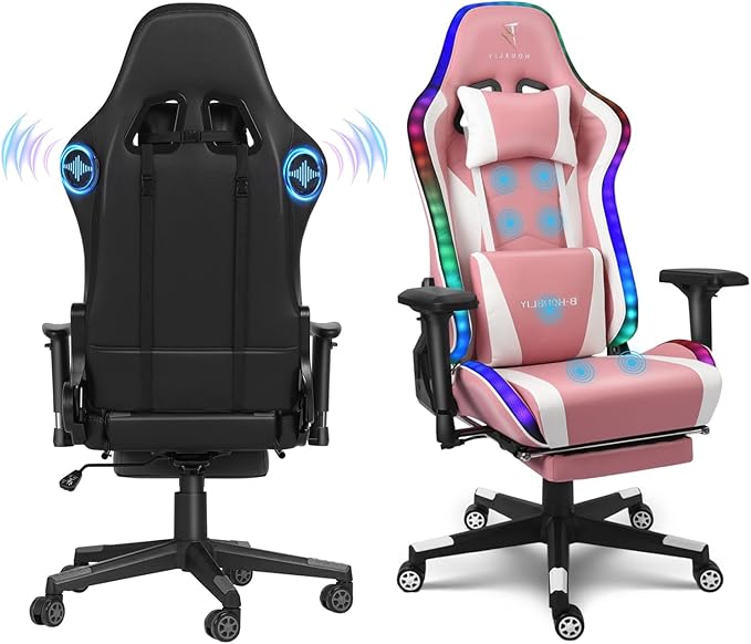 Gaming Chair with RGB LED Lights and Massage Ergonomic Video Game Chair with Footrest High Back Reclining Computer Chair with Headrest and Lumbar Support 4D HandrailSwivel Seat Gamer Ch