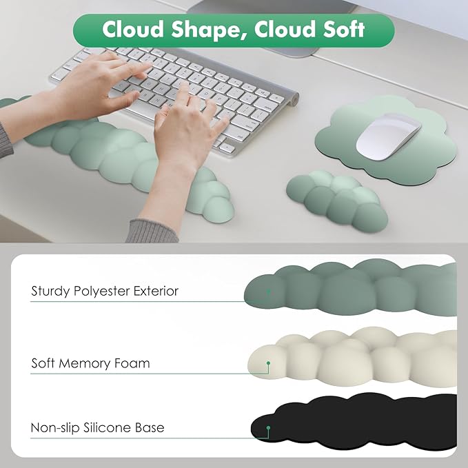 MoKo Cloud Wrist Rest Ergonomic Cloud Keyboard Wrist Rest with Mouse Rest Wrist Pad Durable Polyester Cloud Arm Rest Wrist Pad for Keyboard and Mouse for Office Gaming Computer Laptop Green