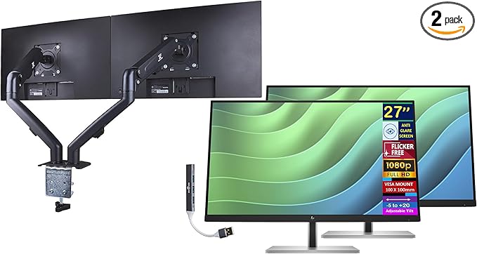 HP E27 G5 27 FHD IPS Monitor with 5ms Response Time Anti-Glare Flicker Free VESA Mount (100 mm) HDMI Black/Silver Color (6N4E2AA#ABA) 2 Pack with DKZ Hub &amp ErgoFlexy Dual Monitor Arm