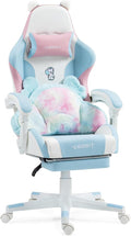 Gaming Chair with Cute Ears &amp Lumbar Pillow Ergonomic Racing Style Computer Chair with Footrest Reclining High Back PU Leather Video Gamer Chairs for Girls &amp Kids &amp Adults (Blue+Pink)