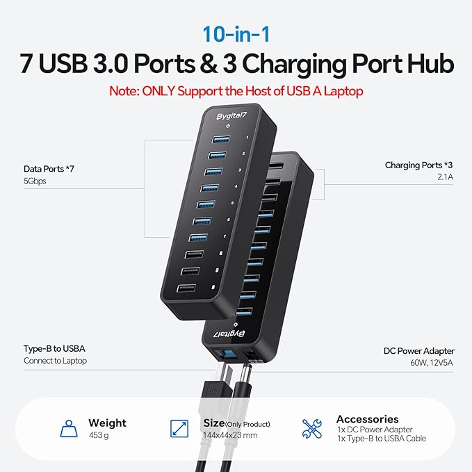 USB 3.0 Hub 10Ports USB-Hub with 7 USB-3.0 &amp 3 BC1.2 Ports Multi USB 60W Data Hub Compatible for USB A Laptops PC All USB Devices Mobile and HDD USB 3.1 Splitter