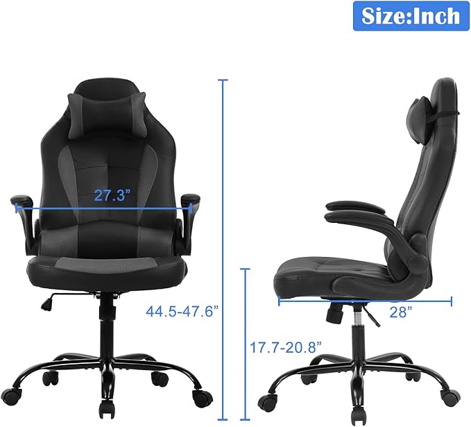 PC Gaming Chair Office Chair Ergonomic Desk Chair with Headrest&amp Lumbar Support Adjustable High Back PU Leather Computer Chair Racing Rolling Swivel Task Chair for Adults Grey