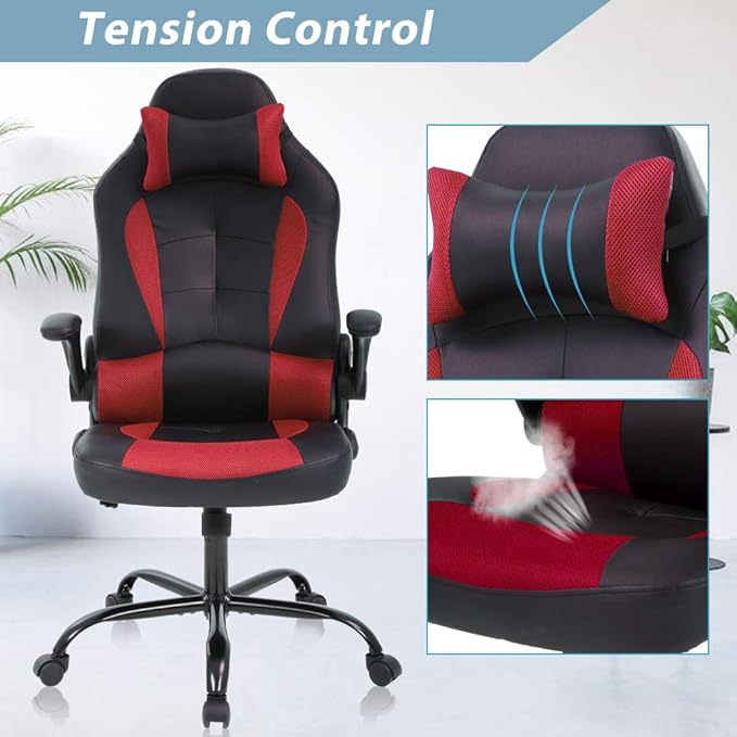 Red Gaming Chair Ergonomic High Back Executive Office Chair with Flip-Up Arms Adjustable Height PU Leather 300 lbs Weight Capacity