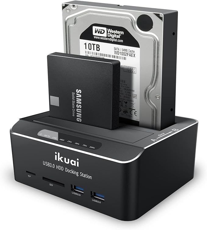 SATA to USB 3.0 Dual Bay Hard Drive Dock for 2.5/3.5 SATA HDD SSD with Micro SD Card Reader 2 USB 3.0 Port Offline Clone Function External Hard Drive Docking Station 2X20TB and UASP Support