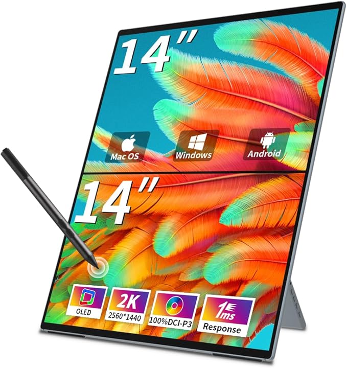 Dual Monitor 14 Inch 2K OLEDPortable Touch Monitor for Laptop Extender| 2K |100% DCI P3|Plug-Play|Stand- VESA| |Slim-Frameless| Computer Triple Display Laptop PC Windows Mac
