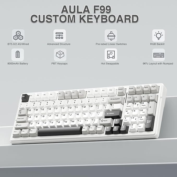 AULA F99 Wireless Mechanical KeyboardTri-Mode BT5.0/2.4GHz/USB-C Hot Swappable Custom KeyboardPre-lubed Linear SwitchesRGB Backlit Computer Gaming Keyboards for PC/Tablet/PS/Xbox (Renewed)