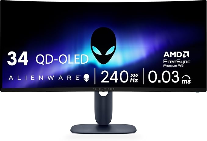 Alienware 34 240Hz QD-OLED Curved Gaming Monitor - AW3425DW - 34.2-inch WQHD (3440 x 1440) 0.03ms Display 1800R Curve AMD FreeSync Premium Pro VESA AdaptiveSync DisplayHDR TrueBlack 400