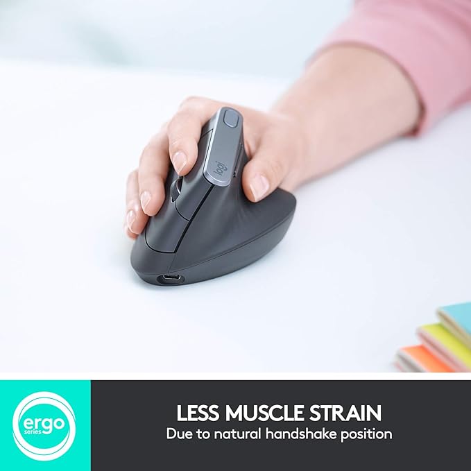 Logitech MX Vertical Wireless Mouse – Ergonomic Design Reduces Muscle Strain Move Content Between 3 Windows and Apple Computers Rechargeable Graphite