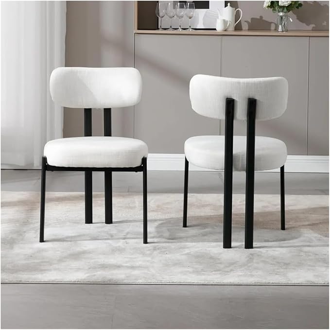 Adjustable Office Computer Chair with Armrest 1pcs Linen Beige Upholstered No Armrests Dining Chairs with Black Metal Legs Curved Backrest