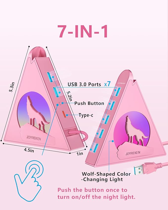 7 Port USB 3.0 HubPink USB Hub with Wolf Shaped RGB Night Light 2ft Long Cable and Pink Basefor Laptop PC Flash Drive HDD Console Printer Keyborad Mouse and More(Charging Not Supported)