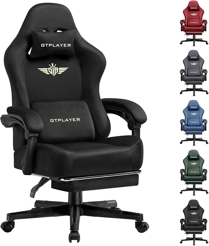 GTPLAYER Gaming Chair Fabric with Pocket Spring Cushion Big and Tall Gamings Chairs 350LBS High Back Computer Chair with Footrest for Adults Lumbar Support Swivel Game Chair for Office Light Black