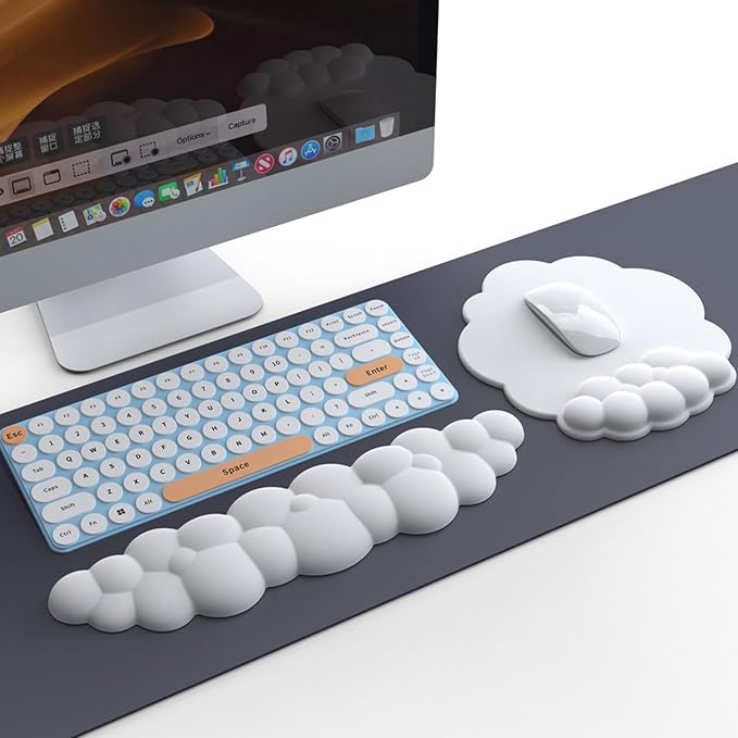 Cloud Keyboard Wrist Rest and Mouse Wrist Rest Kawaii Memory Foam Wrist Support Mouse Pad for Typing Pain Relief Cloud Palm Rest with Mousepad Non-Slip Base for Home Office Computer Laptop (White)