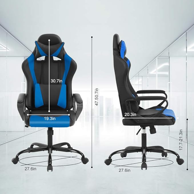 Racing Style Gaming Chair Office Chair High Back Computer Chair Leather Desk Chair Ergonomic Executive Chair Adjustable Video Game Chair Swivel Task Chair w/Headrest and Massage Lumbar Support Blue