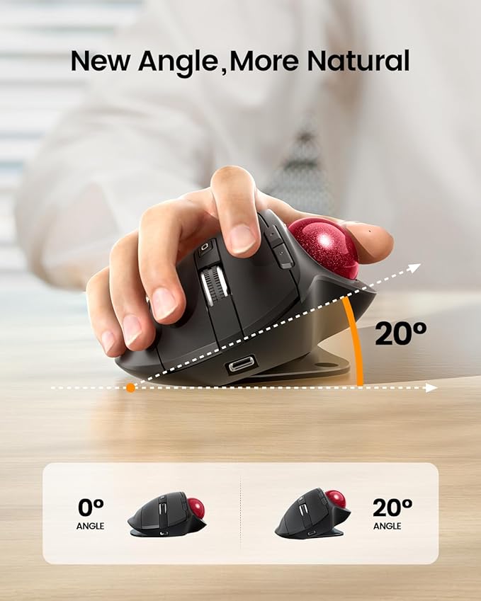 ProtoArc Wireless Trackball Mouse EM01 NL Ergonomic Bluetooth Rollerball Thumb Rechargeable Computer Laptop Mouse Adjustable Angle &amp 3 Device Connection for PC Mac Windows-Red Ball