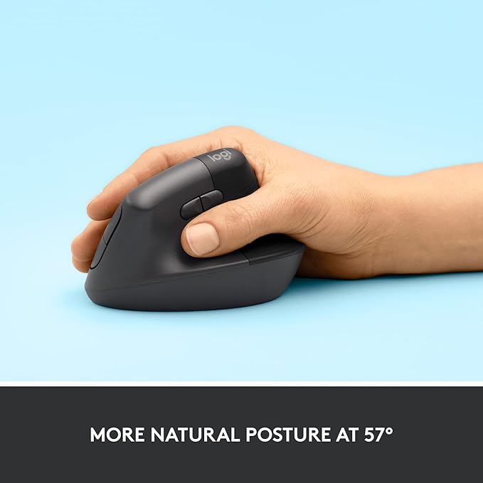 Logitech Lift Vertical Ergonomic Mouse Wireless Bluetooth or Logi Bolt USB Receiver Quiet clicks 4 Buttons Compatible with Windows/macOS/iPadOS Laptop PC - Graphite