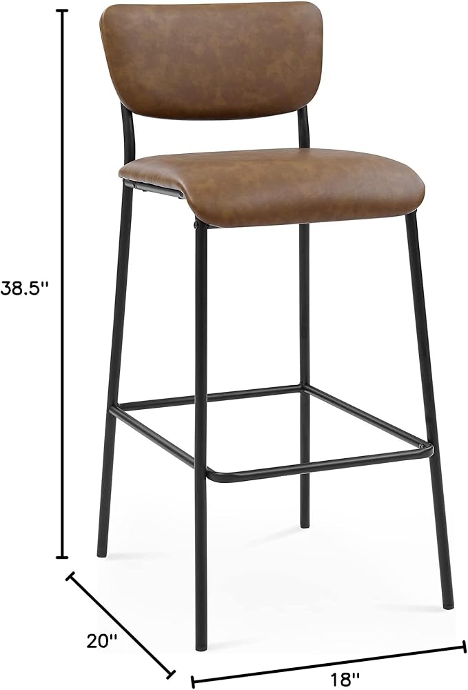 Pu Faux Leather Bar Stools Set of 2 Pub Barstools with Back and Footrest Brown (18.25 x20“x38.5”