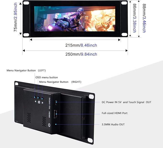 GeeekPi 7.84 inch 1280x400 LCD Touch Screen 2U Rack Mount Monitor for DeskPi RackMate T0/T1/T2/T0 Plus/T1 Plus/TL1 Server Cabinet