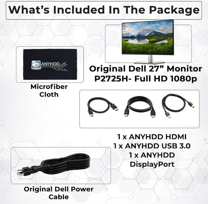 ANYHDD Dell P2725H 27 Full HD 1920 x 1080 Monitor - 1 Year Warranty Computer Monitor Screen Bundle with Power Cable USB 3.0 Upstream Cable DisplayPort + HDMI Cables + Cloth