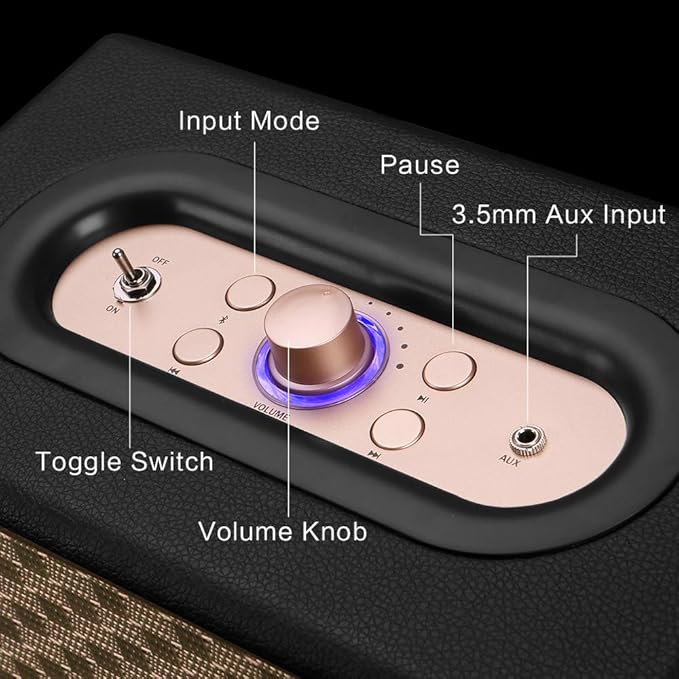Home Speaker with Premium Audio | Rich Bass Rotary Dial for Volume Control | Toggle Switch Wireless Bluetooth &amp 3.5mm Aux Input for Turntable | Record Player AC Powered (Upgraded Version)