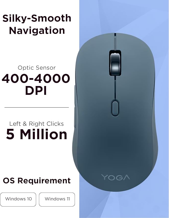 Lenovo Yoga Bluetooth Silent Mouse 3 Level DPI Adjustment 36 Month Battery Life Bluetooth 5.3 3 Device Paring Whisper Quiet Programmable Buttons Smooth Finish Tidal Teal