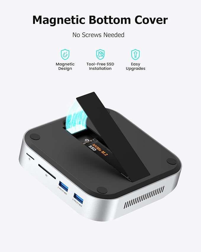 Mac mini M4 Dock with NVMe SSD Enclosure 40Gbps 8TB SSD Support 10-in-2 USB-C Hub with 2×USB-A USB-C 10Gbps 2×USB-A 5Gbps HDMI DP SD/TF Reader Magnetic Cover