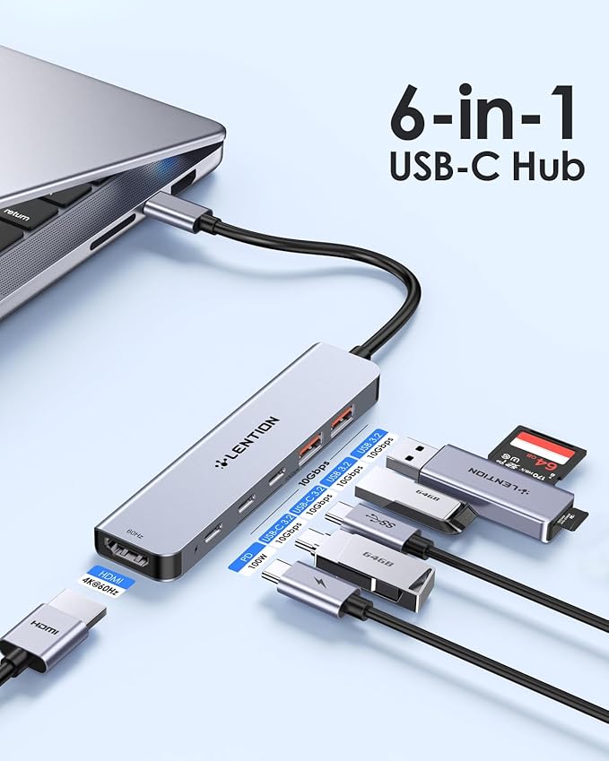 LENTION 6-in-1 USB C Hub 10Gbps USB 3.2 Gen 2 High Speed Hub with 4K HDMI 100W PD Charging 2 USB-C &amp 2 USB-A Ports Multiport Adapter for MacBook Pro/Air/Neo iPad Pro/Air iPhone (CE37Grey)