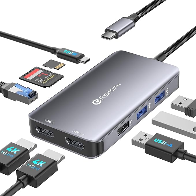 Reborn Laptop Docking Station Dual Monitor 9-in-1 USB C Hub Dual Monitor with 4K 2HDMI Ports 1Gbps Ethernet 5Gbps USB A&ampC 3.0 100W PD SD Card Reader USBC Dock for MacBook/Dell XPS/HP/Surface