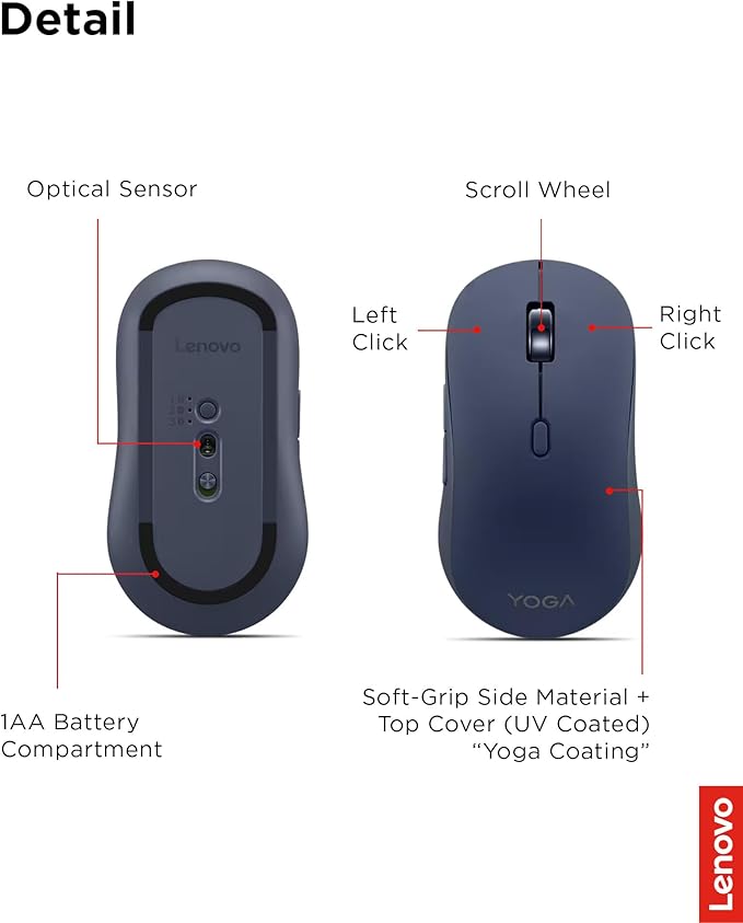 Lenovo Yoga Bluetooth Silent Mouse 3 Level DPI Adjustment 36 Month Battery Life Bluetooth 5.3 3 Device Paring Whisper Quiet Programmable Buttons Smooth Finish Cosmic Blue