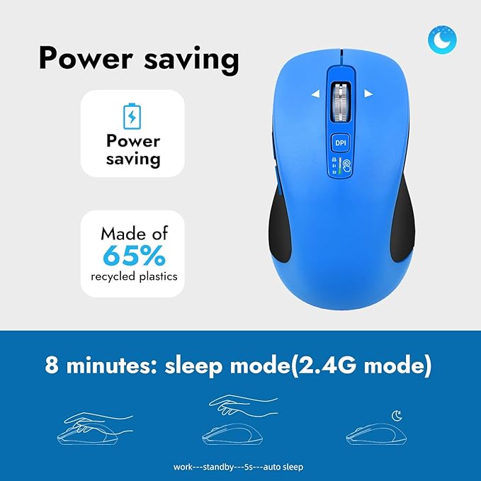Wireless Bluetooth Mouse (USB + BT1 + BT2) Full Size 4-Way Scrolling Multi-Device Silent Mouse for Computer Laptop iPad MacBook (Blue)