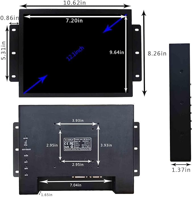 VSDISPLAY 12.1 Inch 10 Points Touch Screen Industrial LCD Monitor 1024x768 4:3 Aspect Ratio Display with Wall Mounting BracketsSupports VGA DVI Input