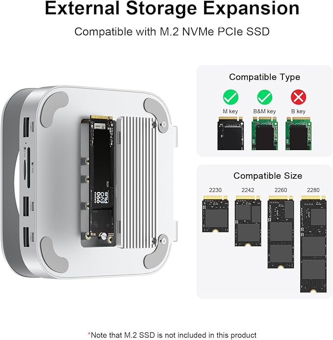 Qwiizlab Aluminum Stand Hub with SSD Enclosure Docking Station for Mac mini M4/M4 Pro 2 USB-A 10Gbps TF/SD 4.0 Card Readers 312MB/s HDMI 4K 60Hz USB-A 2.0 Fits M.2 NVMe SSD up to 8TB (Silver)