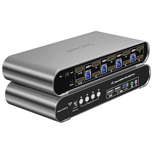4 Computers 2 Monitors USB 3.0 HDMI KVM Switch 4K@60Hz with Hotkey Switching Automatic Switching 4 Port Dual Monitor Aluminum Digital Display USB 3.0 Audio/Mic EDID HDR10 with Cables