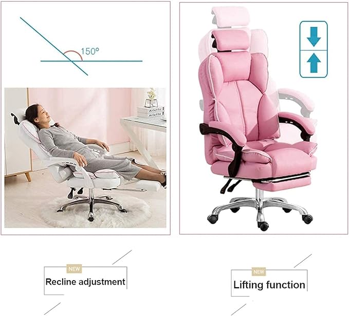 Katzowen Office Computer Chair Pink Gaming Chair for Girls Ergonomic Office Chair with Headrest Pu Leather Executive Chair Adjustable Reclining with Footrest Pink (Color : Pink)