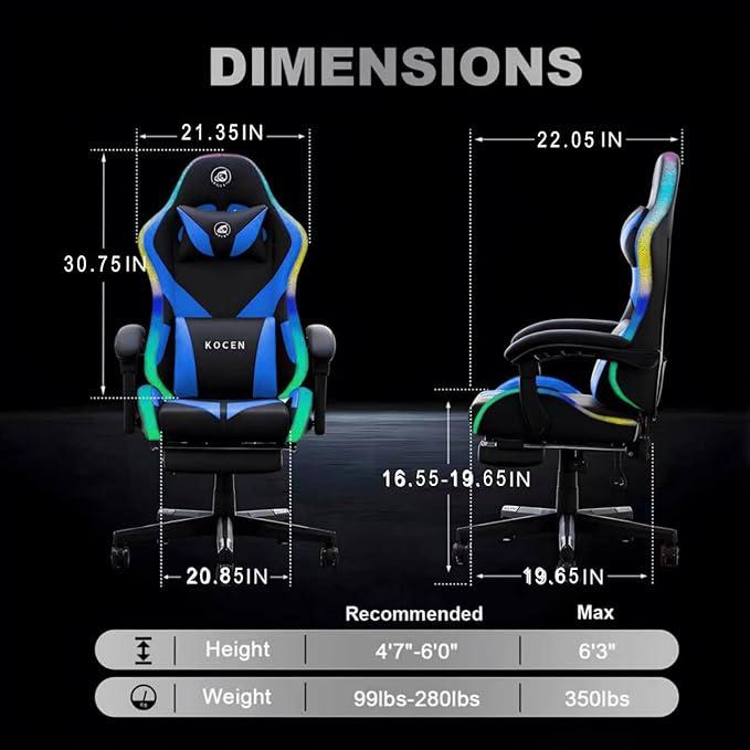LED Gaming Chairs for Adults Tall and KidsLumbar SupportLED LightsHigh Back Reclining Computer Chair with Headrest(Blueblack)