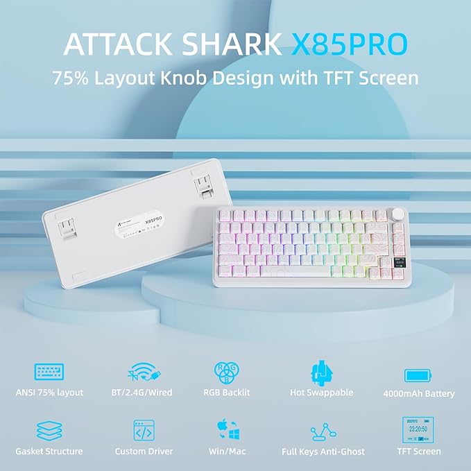 ATTACK SHARK X85PRO 75% Wireless Mechanical KeyboardTFT Smart Display &amp KnobBT/2.4GHz/Wired Gaming KeyboardContour Side Print Shine-through KeycapsRGBHot-Swapwith Pro Cable for PC/MAC (Whit