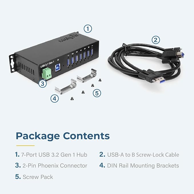 Coolgear Industrial 7-Port USB 3.2 Hub with Screw-Locking Ports 5Gbps Speeds and Surge Protection